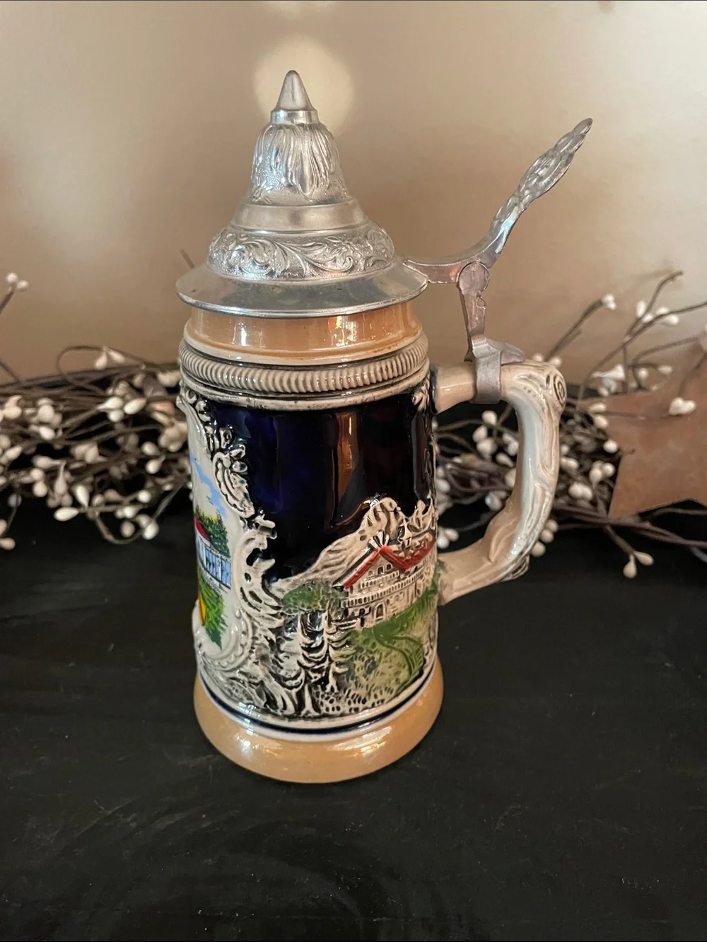 Vintage Baden-Baden Stoneware Souvenir Stein Featuring the Trinkhalle Structure.